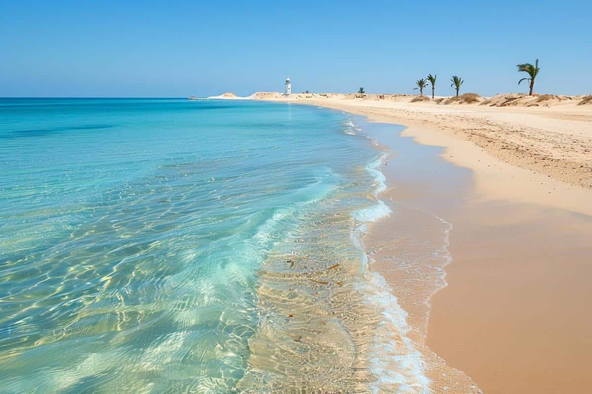 Plage de sable fin d'Aghir et eaux turquoises de la côte sud-est de Djerba devant l'Hôtel Djerba Castille
